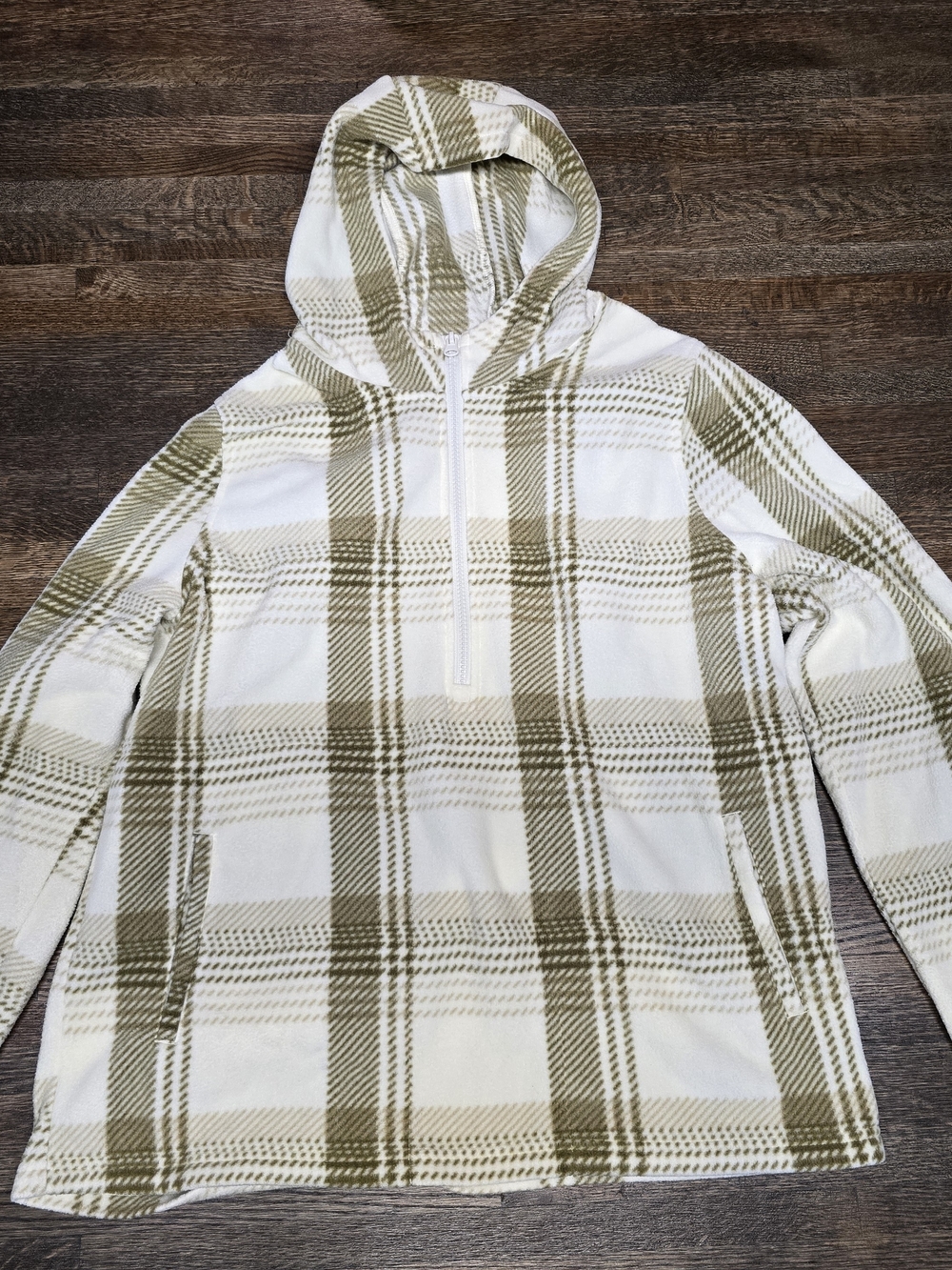 O'Neill White and Olive Plaid Half-Zip Hooded Sweater
